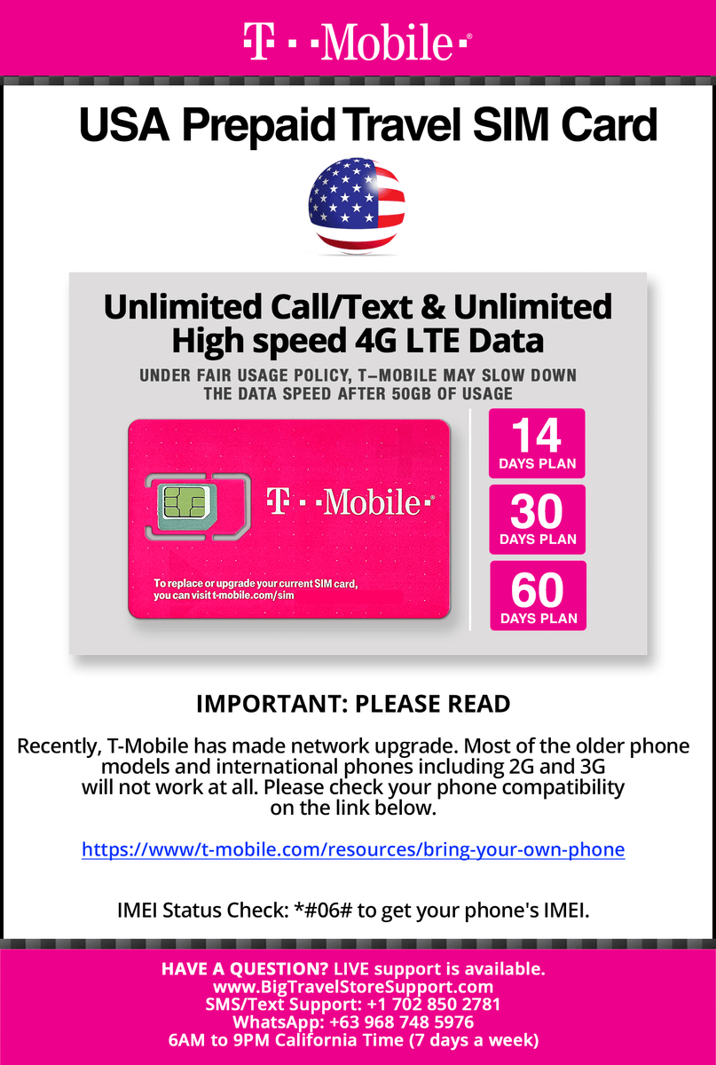 T-Mobile Brand USA Prepaid Travel SIM Card Unlimited Call, Text and 4G LTE  Data (for use in USA only) (for Phone use only. NOT for Modem/WiFi Devices)