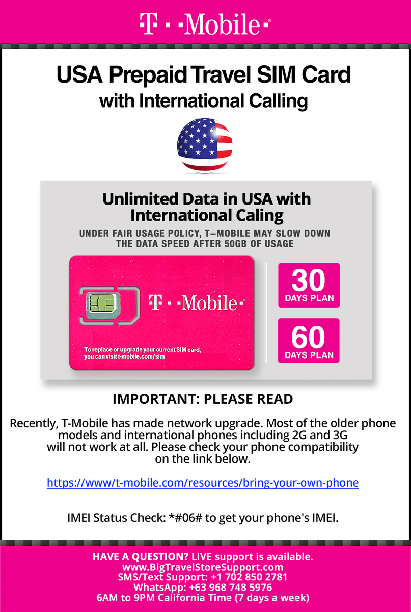 T-Mobile Brand USA Prepaid Travel SIM Card Unlimited Call, Text and 4G LTE  Data (for use in USA only) With International Long Distance calling. (for