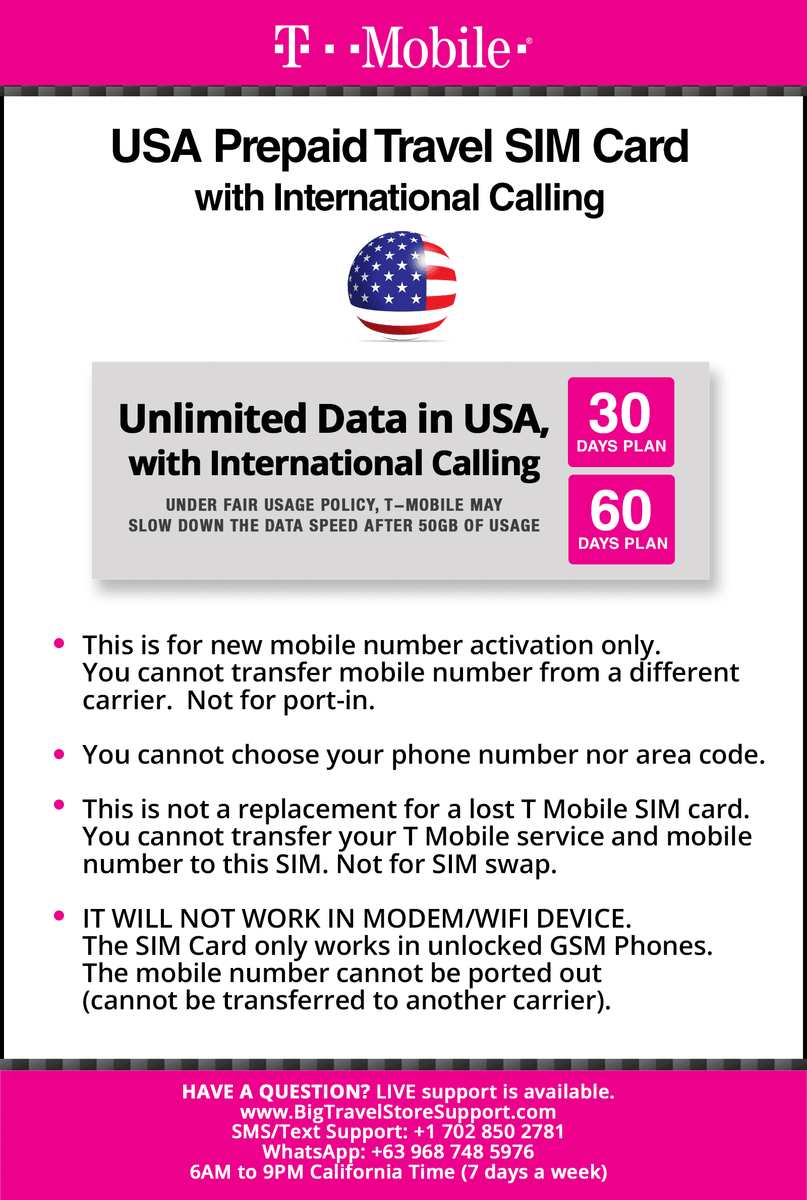 T-Mobile USA Prepaid Travel SIM Card 60 Days Unlimited Call,Text