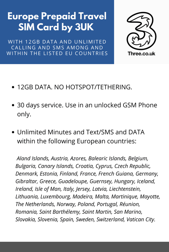 Europe Prepaid Travel SIM Card by 3UK with 12GB Data and Unlimited Calling and SMS among and within the listed EU countries