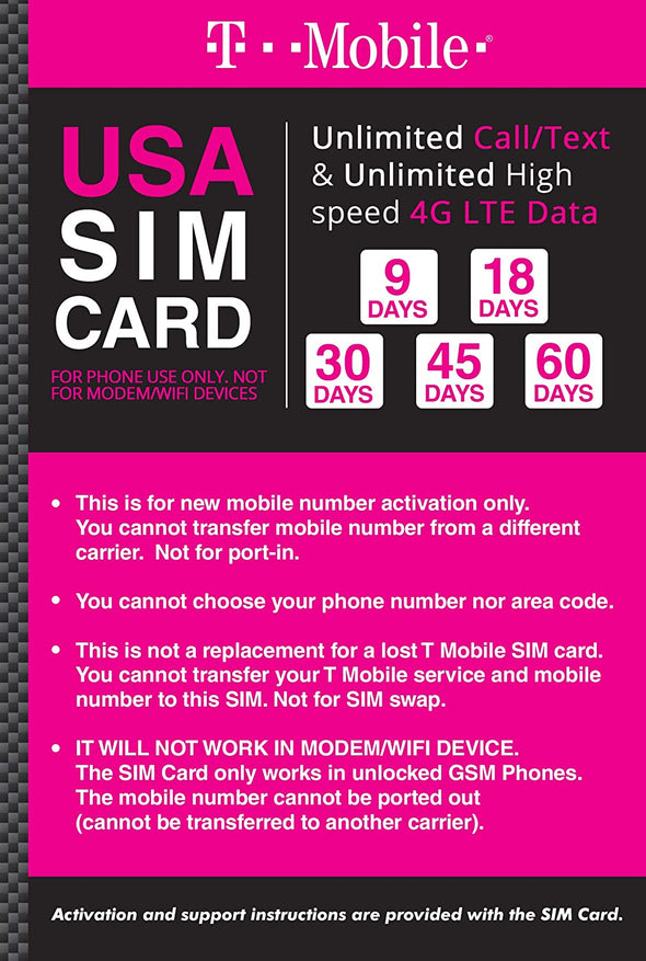 T-Mobile Brand USA Prepaid Travel SIM Card Unlimited Call, Text and 4G LTE Data (for use in USA only)