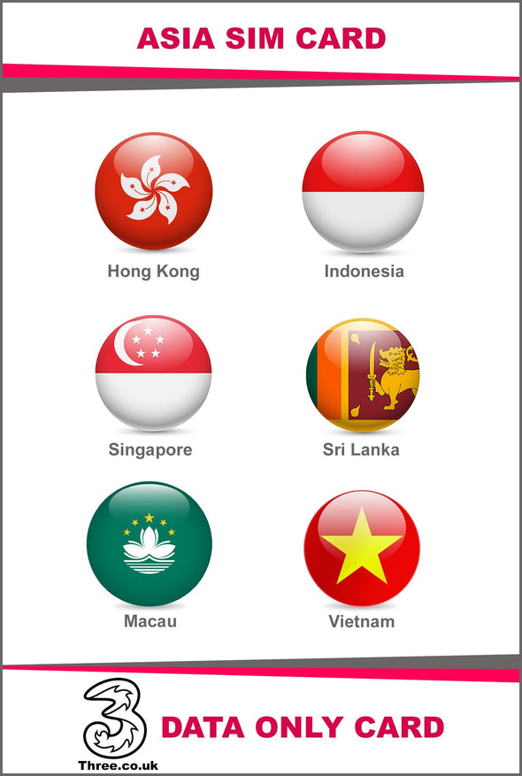 Asia Prepaid Travel SIM Card by 3UK (Hongkong, Indonesia, Singapore, Sri Langka, Macau, Vietnam) with 12GB Data only