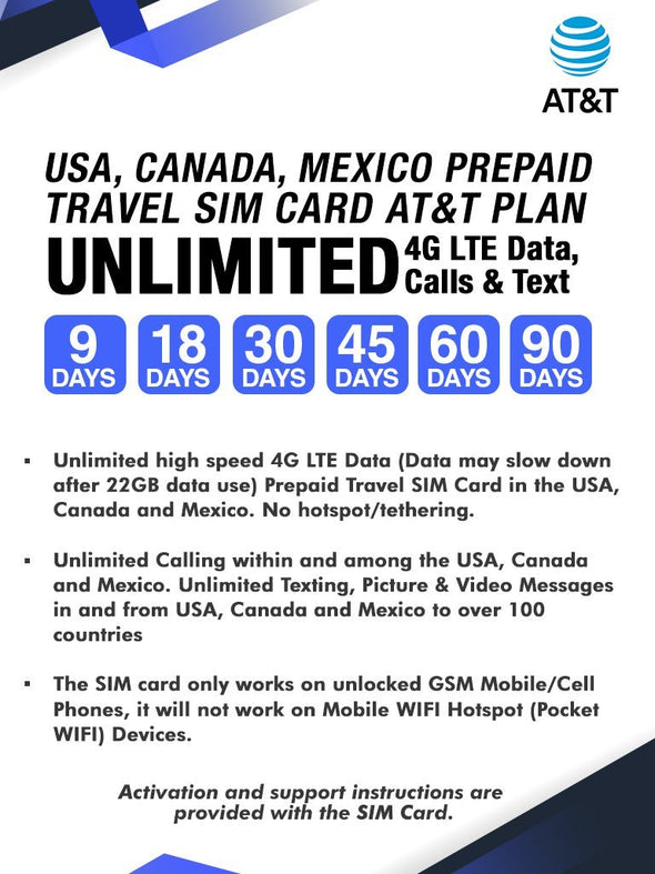 AT&T Prepaid Brand USA, Canada and Mexico Prepaid Travel SIM Card Unlimited Call, Text and 4G LTE Data for 9 days