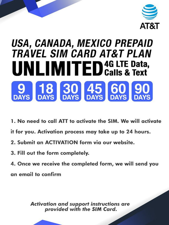 AT&T Prepaid Brand USA, Canada and Mexico Prepaid Travel SIM Card Unlimited Call, Text and 4G LTE Data for 9 days