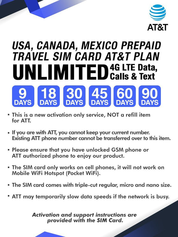 AT&T Prepaid Brand USA, Canada and Mexico Prepaid Travel SIM Card Unlimited Call, Text and 4G LTE Data for 9 days