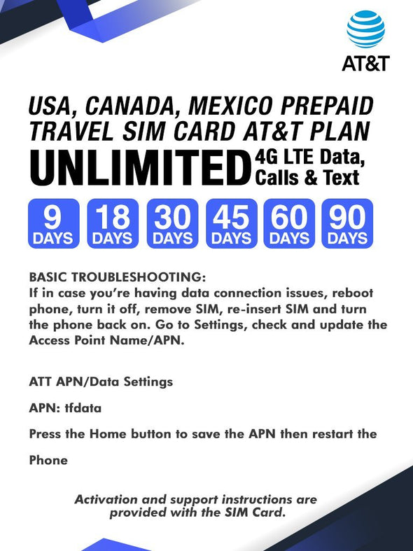 AT&T Prepaid Brand USA, Canada and Mexico Prepaid Travel SIM Card Unlimited Call, Text and 4G LTE Data for 9 days