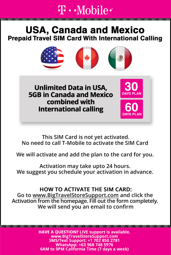 T-mobile Brand USA, Canada, Mexico Prepaid Travel SIM Card Unlimited Call/Text and Unlimited High Speed 4G LTE Data in USA and up to 5GB Data in Canada and Mexico Combined with International Long Distance for 30 days