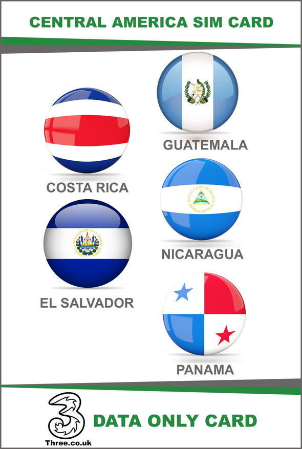 Central America Prepaid Travel SIM Card by 3UK (Costa Rica, El Salvador, Guatemala, Nicaragua and Panama) with 12GB Data
