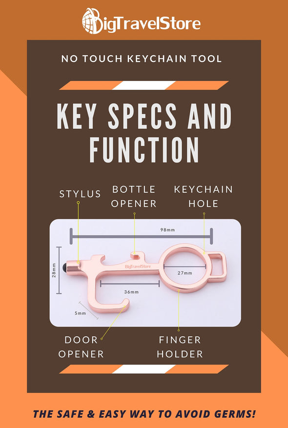 No-Touch Keychain Tool and door opener with stylus for surface, touch screens, handles and buttons and bottle opener