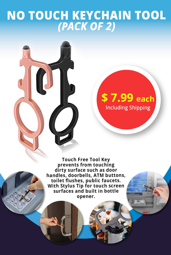 No-Touch Keychain Tool and door opener with stylus for surface, touch screens, handles and buttons and bottle opener