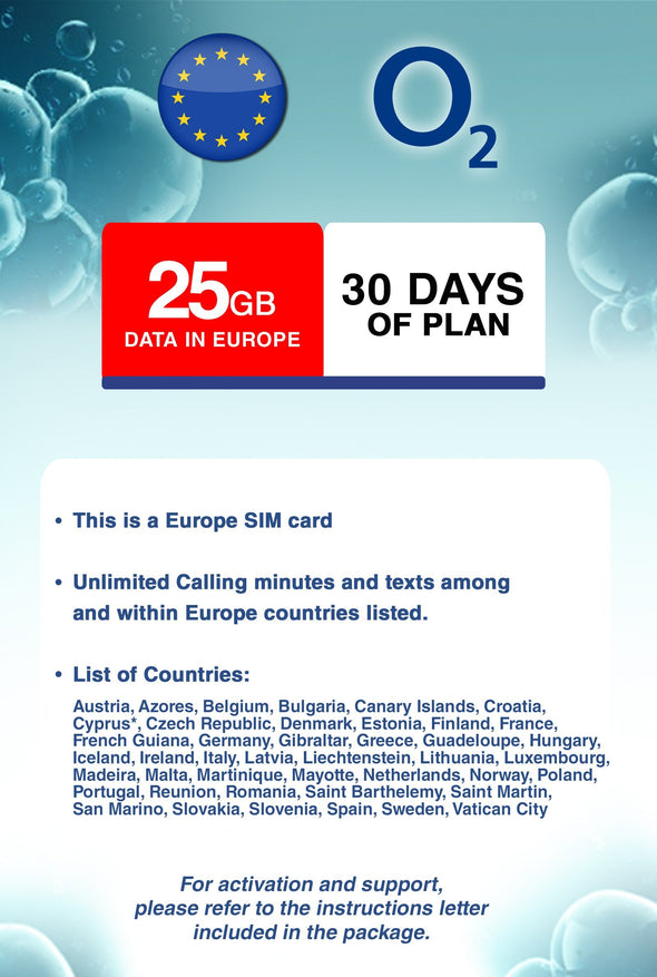 O2 25GB Data and Unlimited Calling and SMS among and within the listed EU countries for 30 Days - BigTravelStore