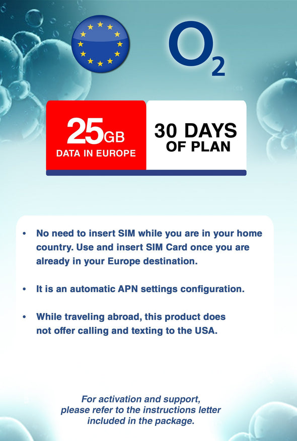 O2 25GB Data and Unlimited Calling and SMS among and within the listed EU countries for 30 Days - BigTravelStore