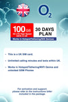 O2 UK 100GB 4G LTE High Speed Data with Hotspot/Tethering/WiFi at up to 4G LTE High Speed in UK for 30 Days - BigTravelStore