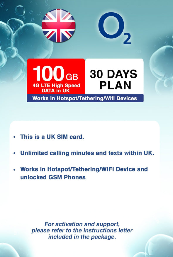 O2 UK 100GB 4G LTE High Speed Data with Hotspot/Tethering/WiFi at up to 4G LTE High Speed in UK for 30 Days - BigTravelStore