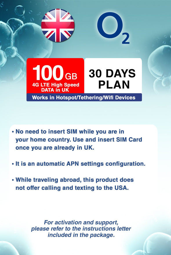 O2 UK 100GB 4G LTE High Speed Data with Hotspot/Tethering/WiFi at up to 4G LTE High Speed in UK for 30 Days - BigTravelStore