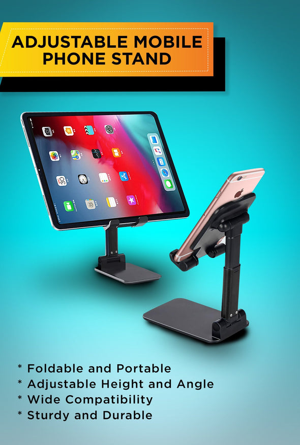 Foldable and adjustable cellphone stand for desk with anti-slip design. Compatible with phones, iPad and Tablets.