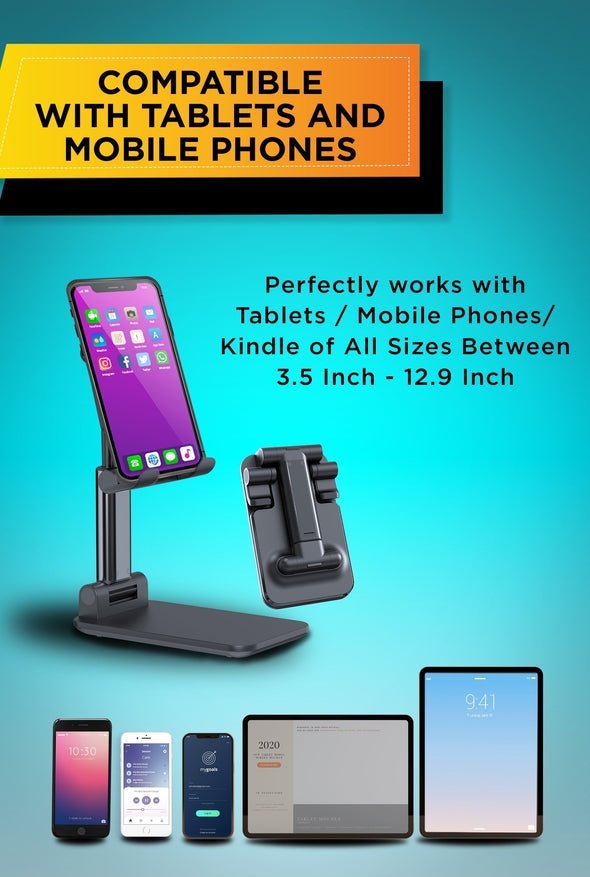 Foldable and adjustable cellphone stand for desk with anti-slip design. Compatible with phones, iPad and Tablets.