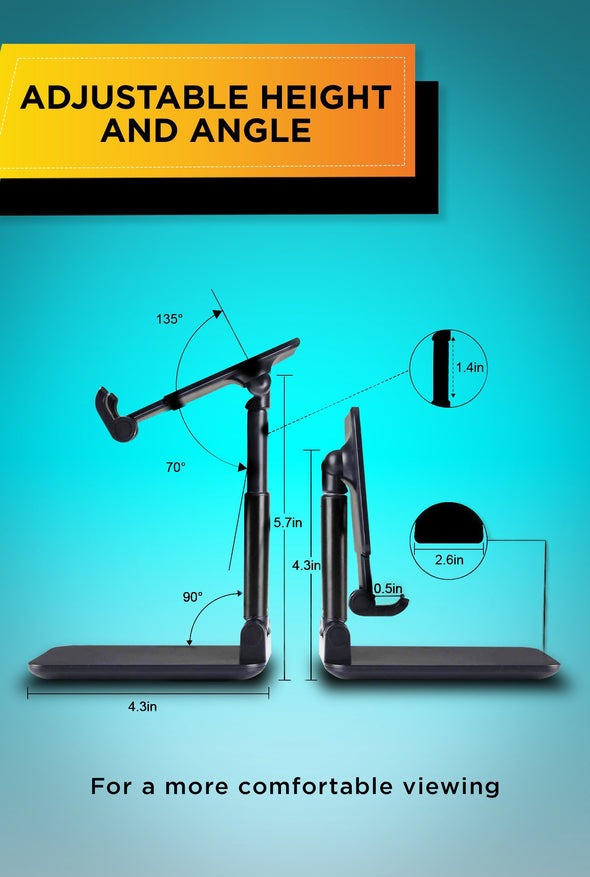 Foldable and adjustable cellphone stand for desk with anti-slip design. Compatible with phones, iPad and Tablets.