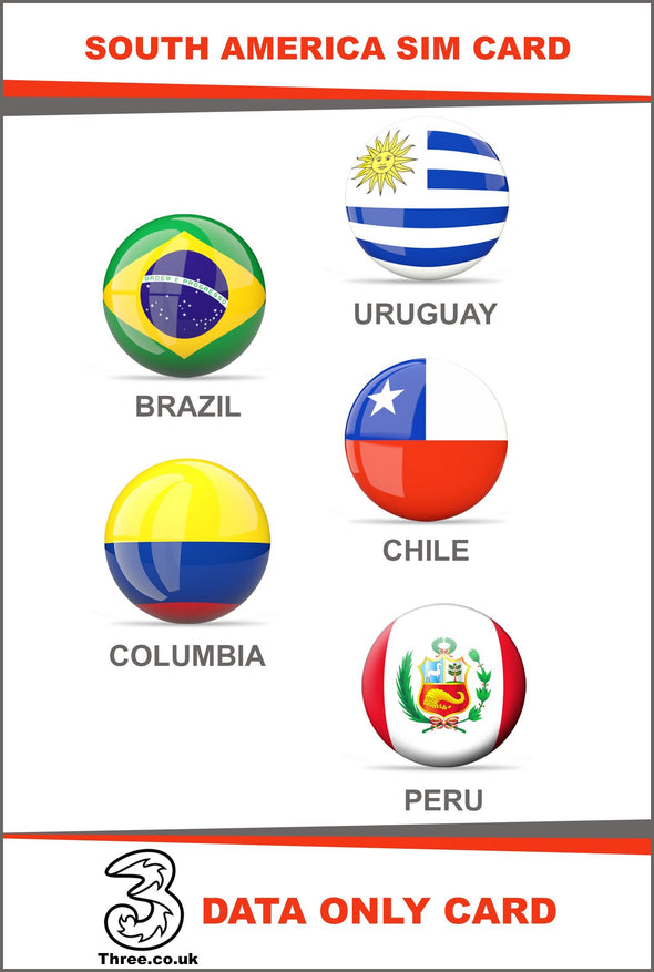 South America Prepaid Travel SIM Card by 3UK (Brazil, Chile, Colombia, Peru and Uruguay) with 12GB Data only for 30 Days