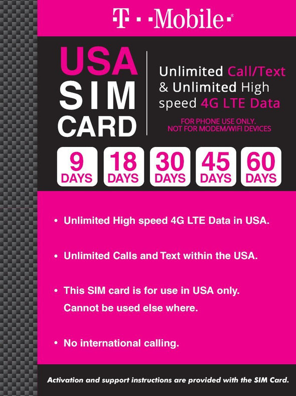T-Mobile Brand USA Prepaid Travel SIM Card Unlimited Call, Text and 4G LTE Data (for use in USA only)