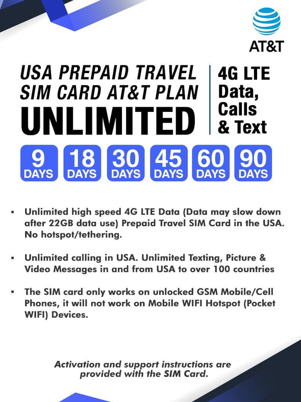 AT&T Prepaid Brand USA Prepaid Travel SIM Card Unlimited 4G LTE Data, Calls and Texts (for use in USA) (9 Days)