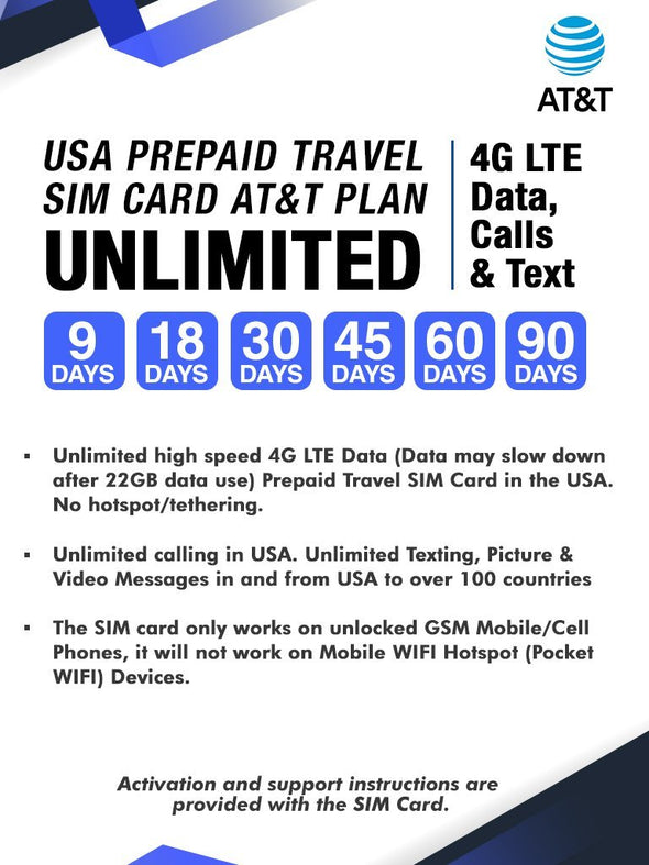 AT&T Prepaid Brand USA Prepaid Travel SIM Card Unlimited 4G LTE Data, Calls and Texts (for use in USA) (45 Days)