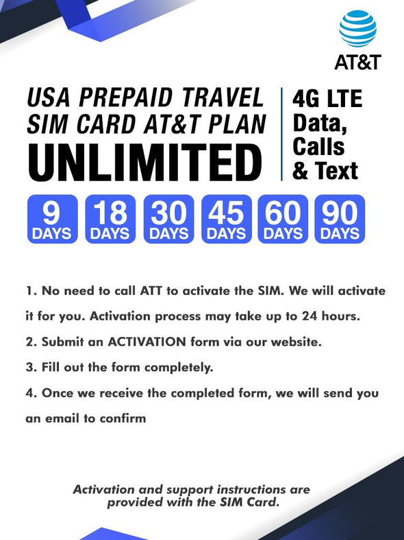 AT&T Prepaid Brand USA Prepaid Travel SIM Card Unlimited 4G LTE Data, Calls and Texts (for use in USA) (9 Days)