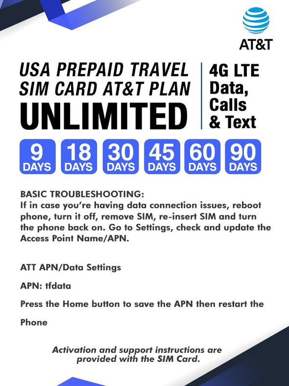 AT&T Prepaid Brand USA Prepaid Travel SIM Card Unlimited 4G LTE Data, Calls and Texts (for use in USA) (9 Days)