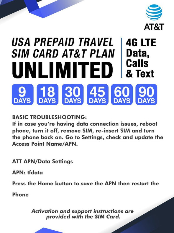 AT&T Prepaid Brand USA Prepaid Travel SIM Card Unlimited 4G LTE Data, Calls and Texts (for use in USA) (45 Days)