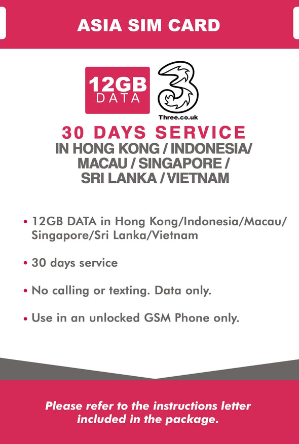 Asia Prepaid Travel SIM Card by 3UK (Hongkong, Indonesia, Singapore, Sri Langka, Macau, Vietnam) with 12GB Data only