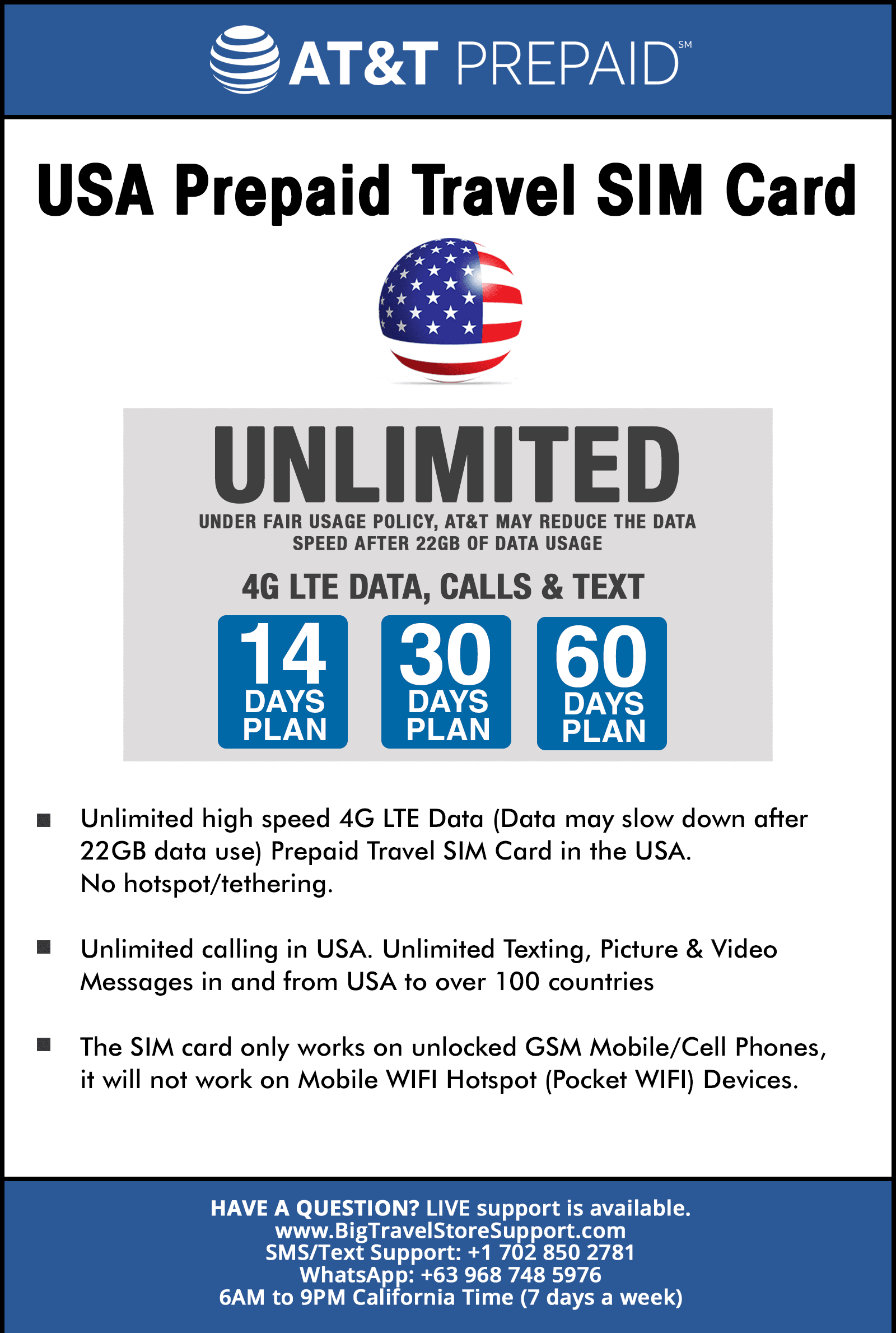 AT&T Prepaid Travel SIM Card Unlimited Call, Text and Data for 30