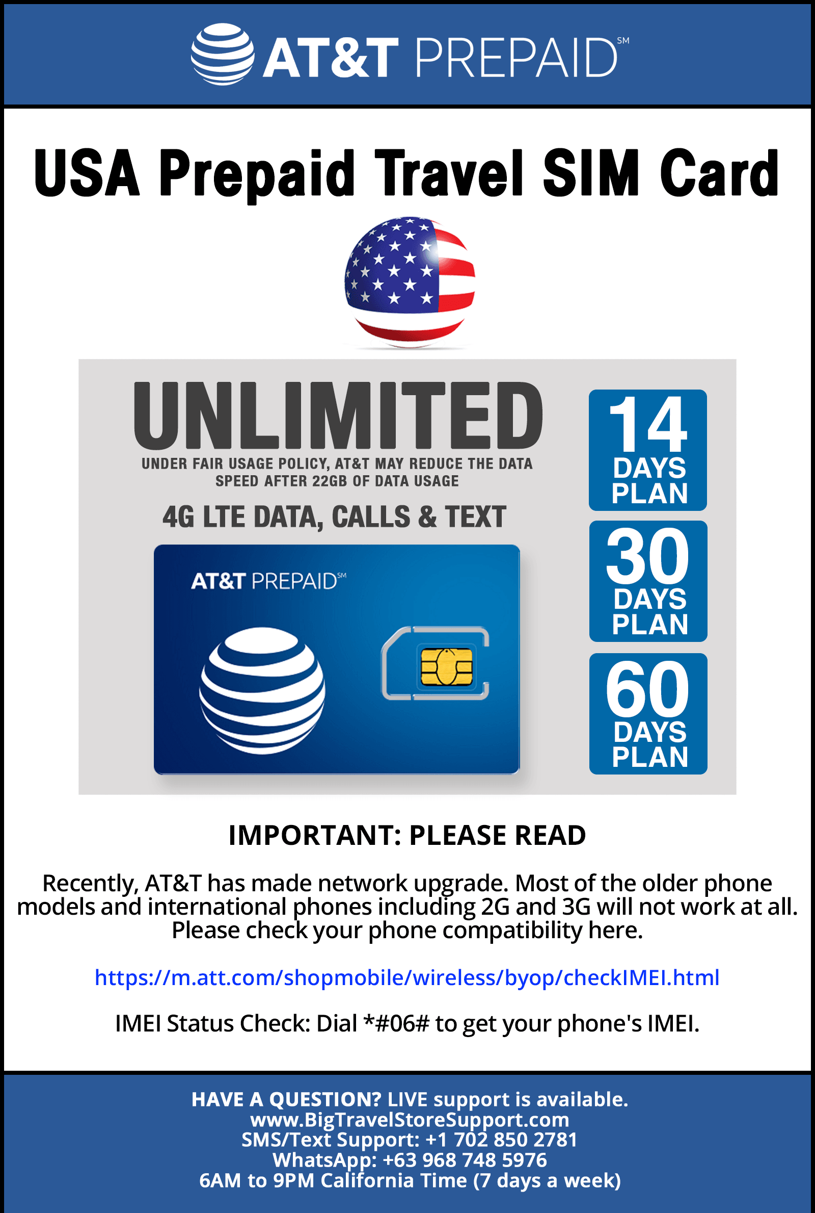 AT&T USA y Canadá 7 días tarjeta SIM de viaje de datos ilimitados, datos 4G  LTE/3G para EE. UU. y Canadá para iPhone, iPad, teléfonos Android