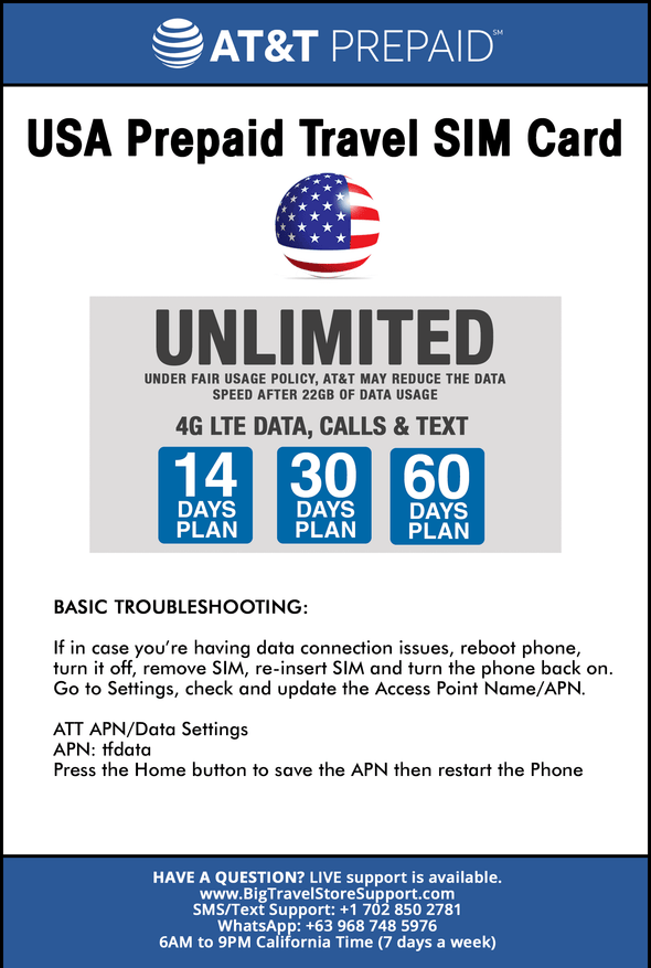 AT&T Prepaid Brand USA, Canada and Mexico Prepaid Travel SIM Card Unlimited Call, Text and 4G LTE Data for 14 days - BigTravelStore