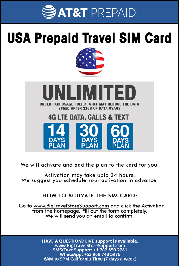 AT&T Prepaid Brand USA, Canada and Mexico Prepaid Travel SIM Card Unlimited Call, Text and 4G LTE Data for 14 days - BigTravelStore