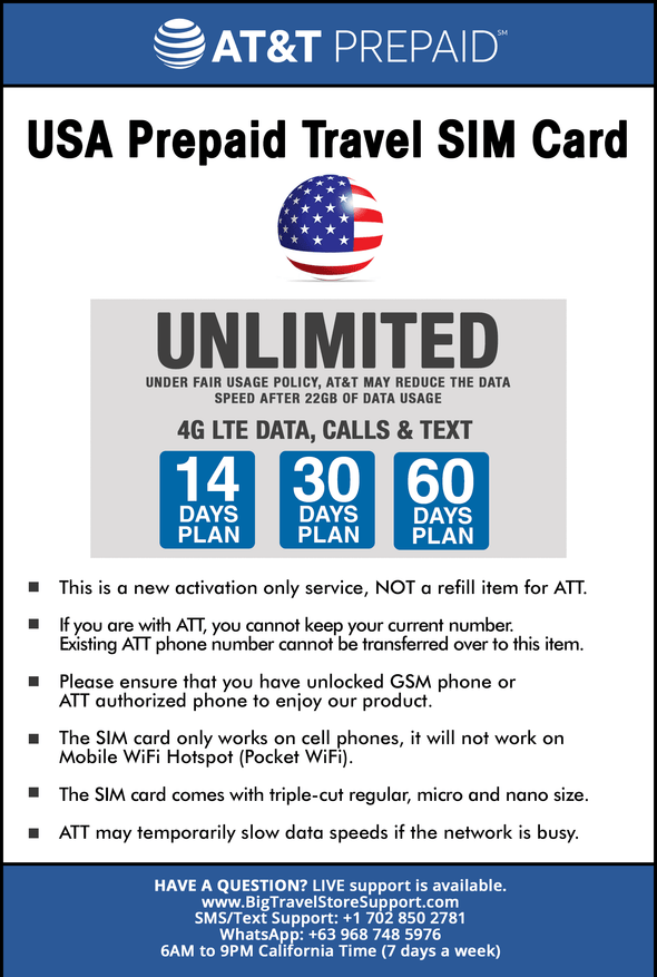 AT&T Prepaid Brand USA, Canada and Mexico Prepaid Travel SIM Card Unlimited Call, Text and 4G LTE Data for 30 days - BigTravelStore