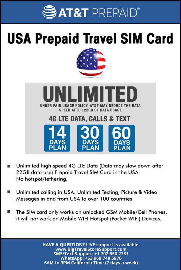 AT&T Prepaid Travel SIM Card Unlimited Call, Text and Data for 60