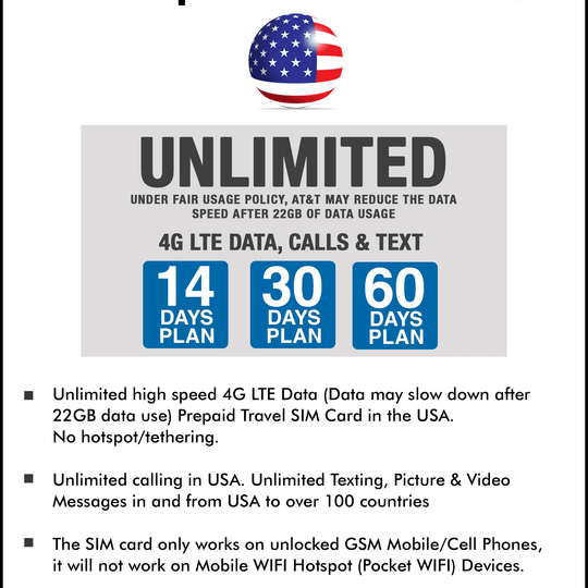 AT&T Prepaid Brand USA Prepaid Travel SIM Card Unlimited 4G LTE Data, Calls and Texts (for use in USA) (14 Days)