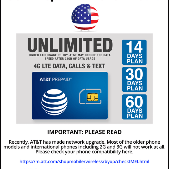 AT&T Prepaid Brand USA Prepaid Travel SIM Card Unlimited 4G LTE Data, Calls and Texts (for use in USA) (14 Days)