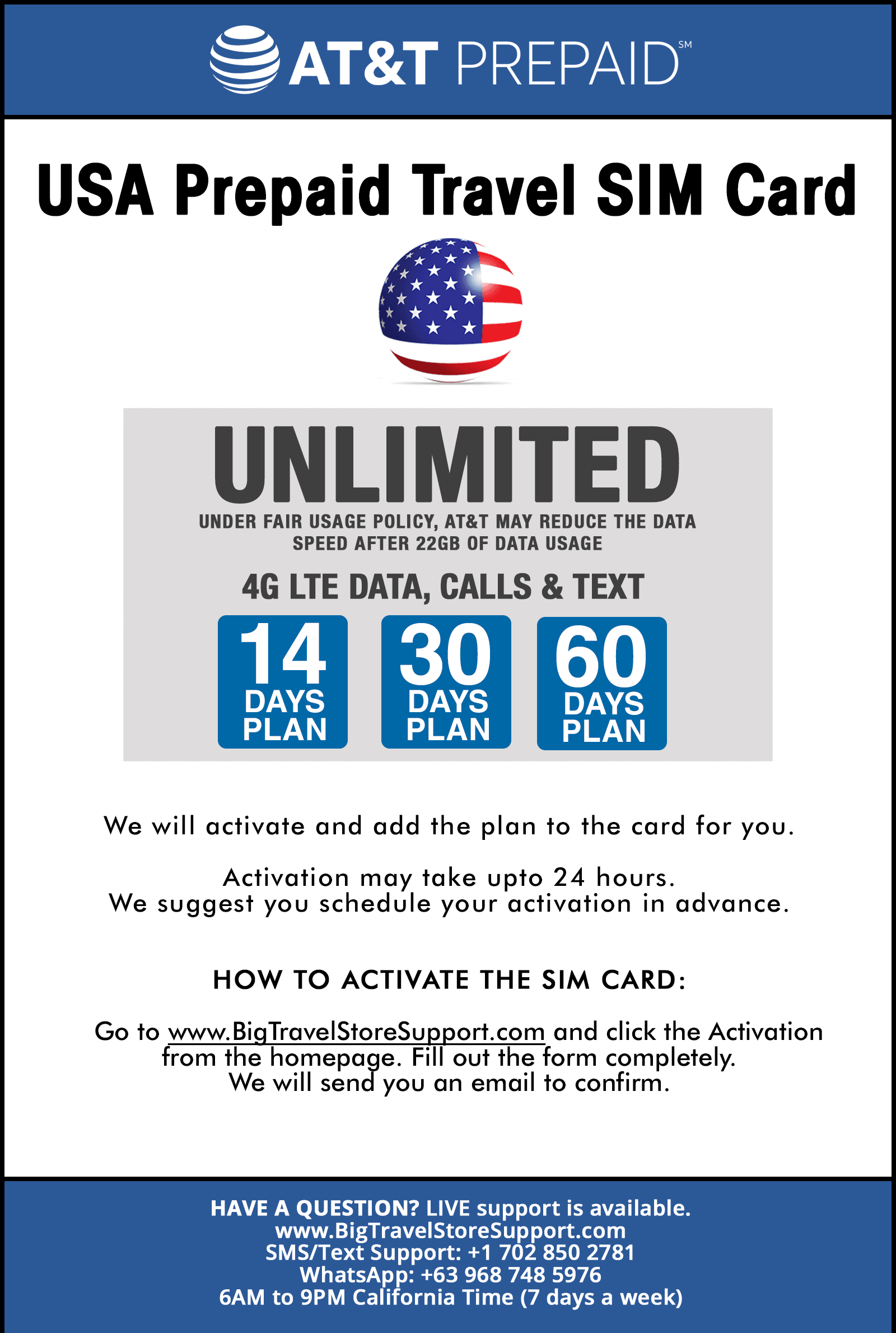 AT&T USA Prepaid Travel SIM Card 60 Days Unlimited Call,Text,Data