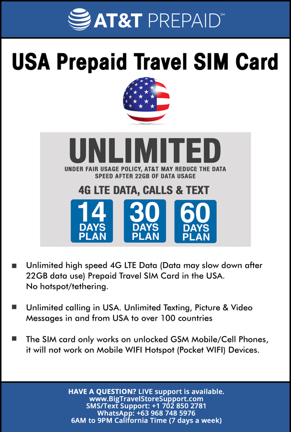 AT&T Prepaid Brand USA Prepaid Travel SIM Card Unlimited 4G LTE Data, Calls and Texts (for use in USA) (60 Days) - BigTravelStore