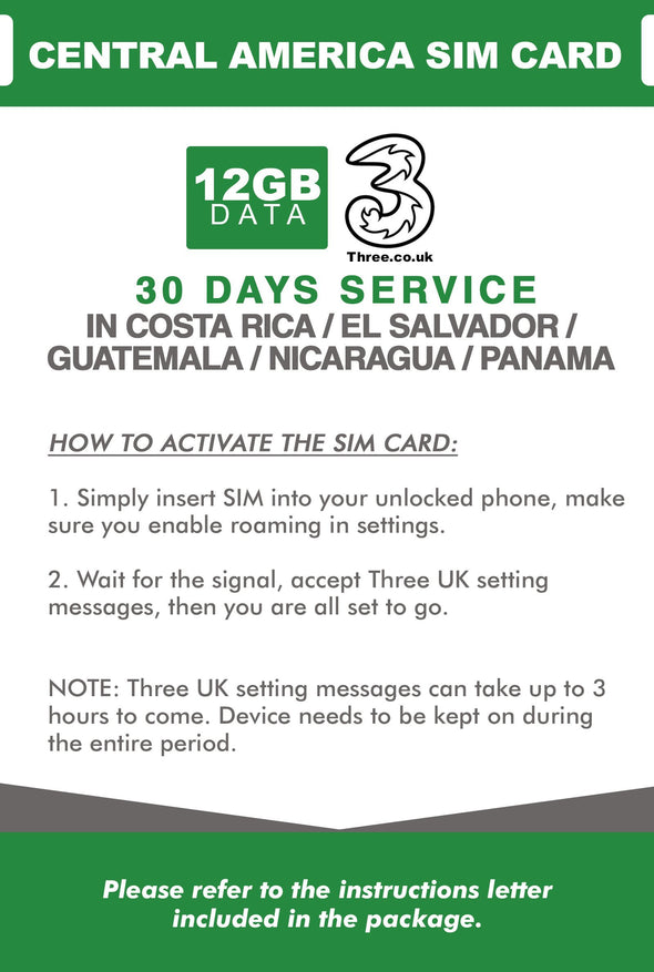 Central America Prepaid Travel SIM Card by 3UK (Costa Rica, El Salvador, Guatemala, Nicaragua and Panama) with 12GB Data