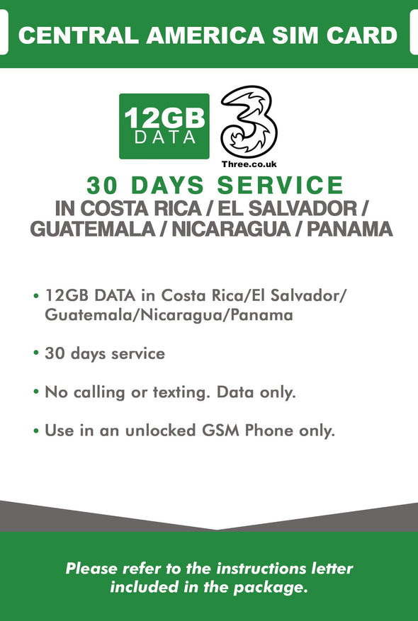 Central America Prepaid Travel SIM Card by 3UK (Costa Rica, El Salvador, Guatemala, Nicaragua and Panama) with 12GB Data