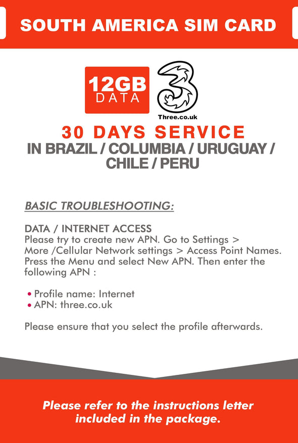 South America Prepaid Travel SIM Card by 3UK (Brazil, Chile, Colombia, Peru and Uruguay) with 12GB Data only for 30 Days