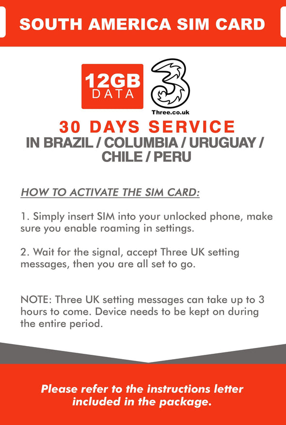 South America Prepaid Travel SIM Card by 3UK (Brazil, Chile, Colombia, Peru and Uruguay) with 12GB Data only for 30 Days