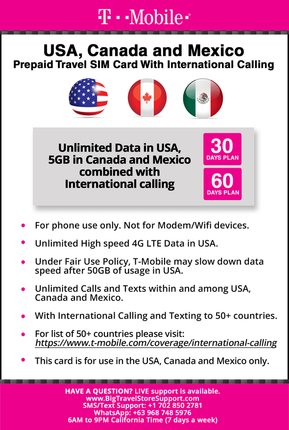 T-mobile Brand USA, Canada, Mexico Prepaid Travel SIM Card Unlimited Call/Text and Unlimited High Speed 4G LTE Data in USA and up to 5GB Data in Canada and Mexico Combined with International long distance for 60 days - BigTravelStore