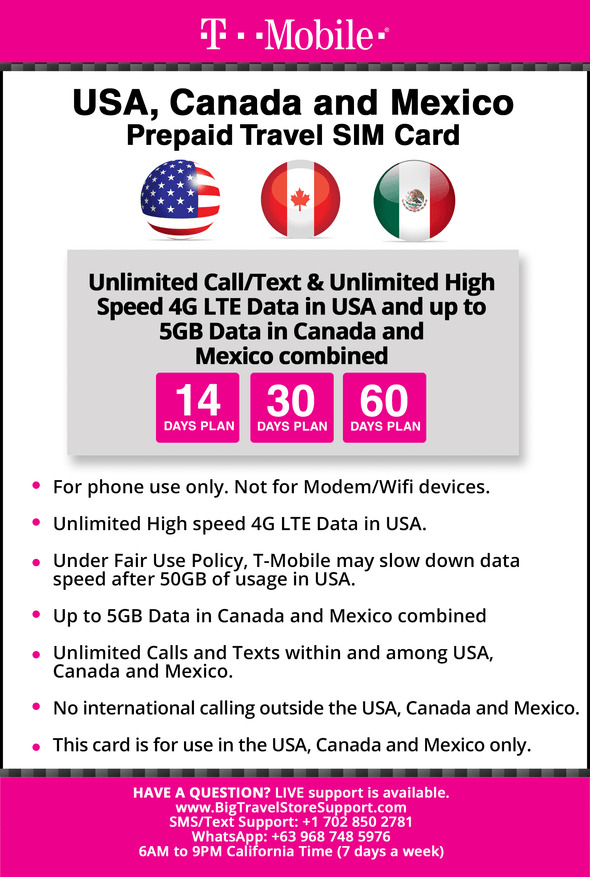 T-mobile Brand USA, Canada, Mexico Prepaid Travel SIM Card Unlimited Call/Text and Unlimited High Speed 4G LTE Data in USA and up to 5GB Data in Canada and Mexico Combined for 30 days - BigTravelStore
