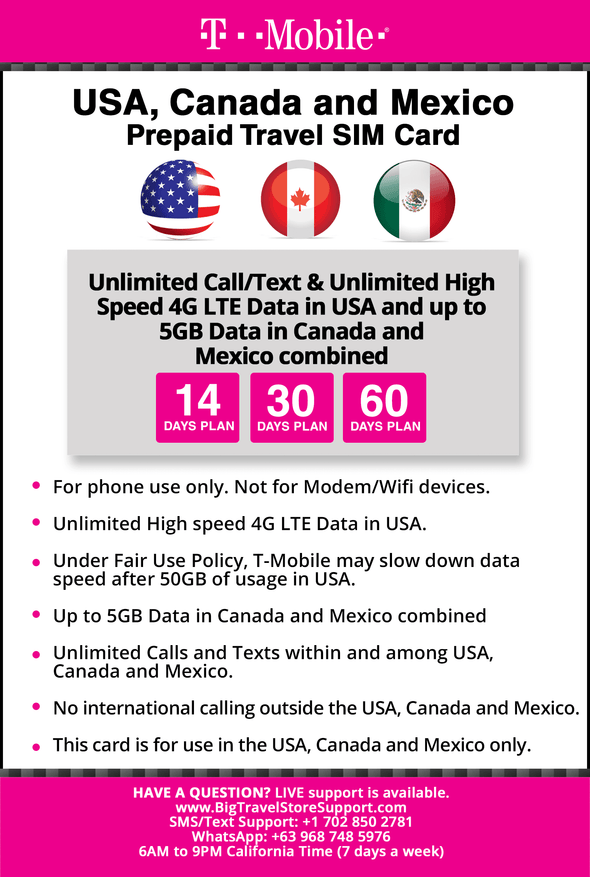 T-Mobile Travel SIM Card Unlimited Call, Text and Data for 30 Days