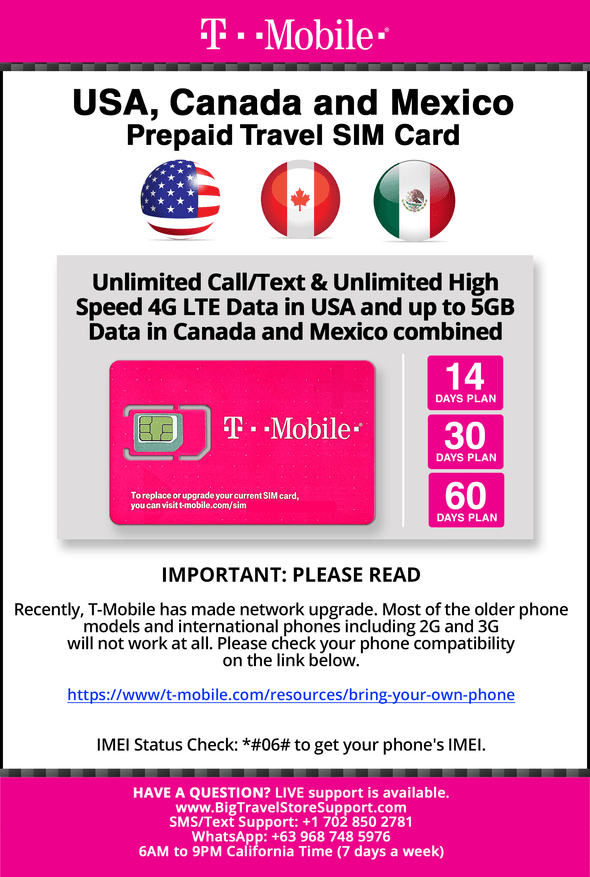 T-mobile Brand USA, Canada, Mexico Prepaid Travel SIM Card Unlimited Call/Text and Unlimited High Speed 4G LTE Data in USA and up to 5GB Data in Canada and Mexico Combined for 30 days - BigTravelStore