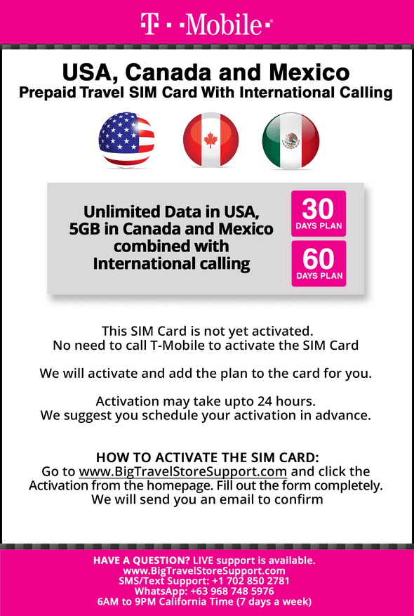 T-mobile Brand USA, Canada, Mexico Prepaid Travel SIM Card Unlimited Call/Text and Unlimited High Speed 4G LTE Data in USA and up to 5GB Data in Canada and Mexico Combined with International long distance for 60 days - BigTravelStore