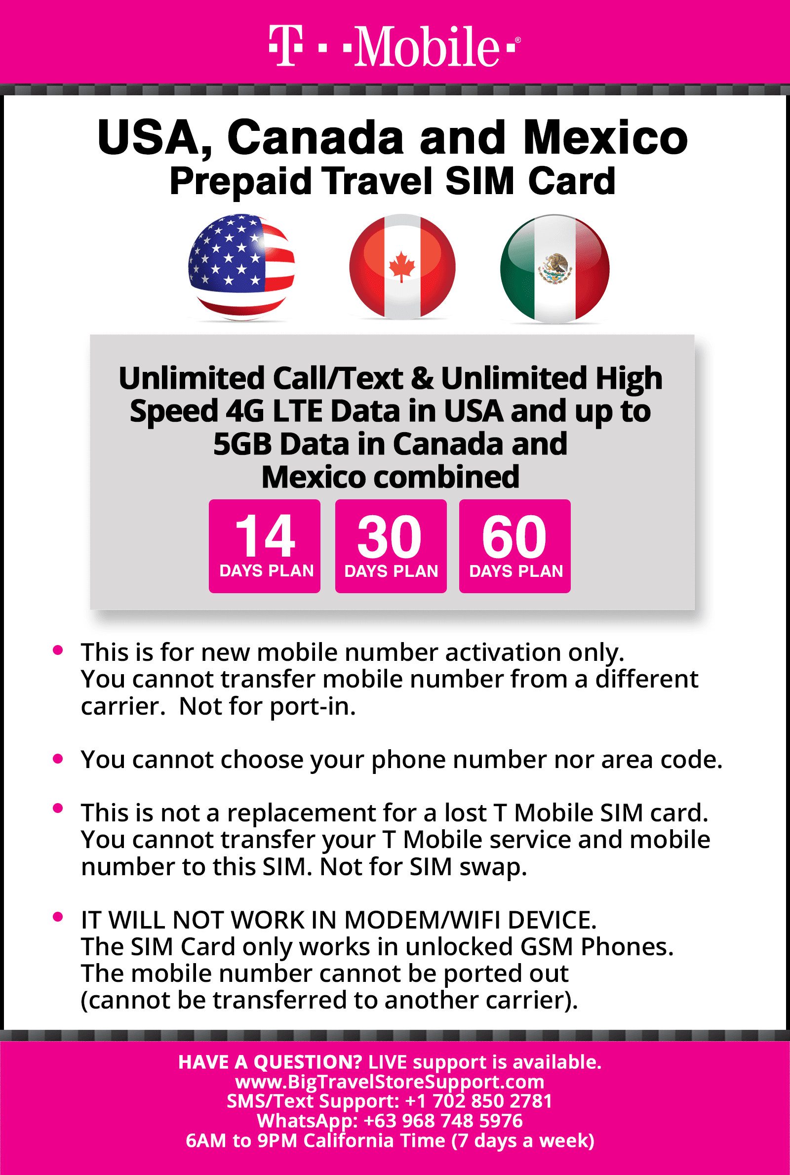 T-Mobile Travel SIM Card Unlimited Call, Text and Data for 30 Days